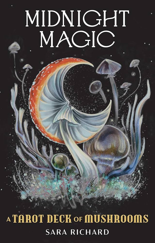 Midnight Magic tarot deck cover featuring dark, mystical mushroom illustrations by Sara Richard