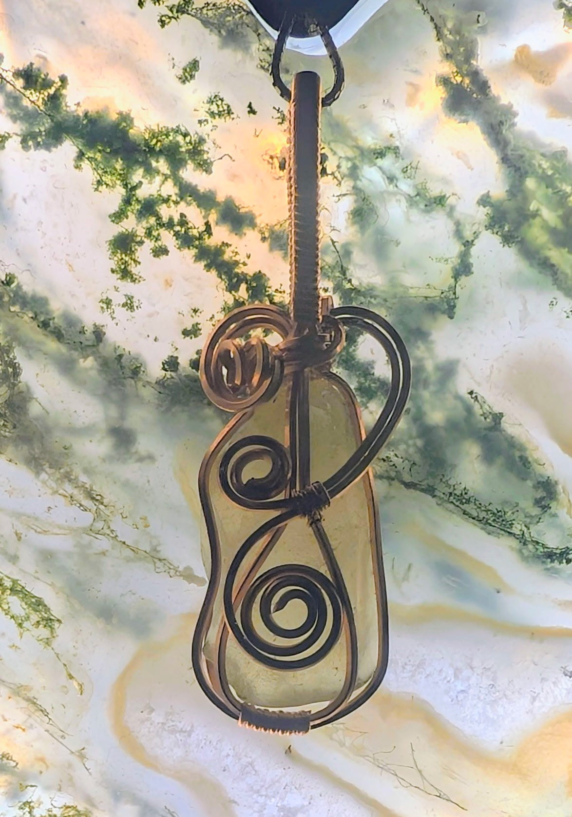 Artisan Hand Wrapped Raw Copper Libyan Desert Glass Pendant Necklace