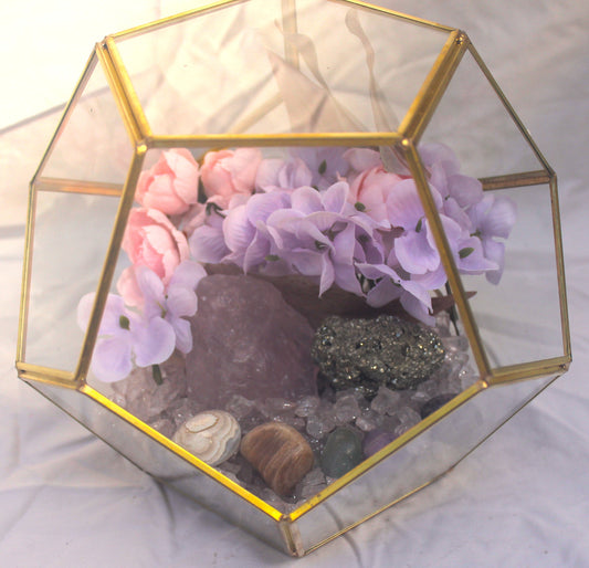 Crystal Geode Terrarium Rose Quartz and Pyrite - Luck in Love