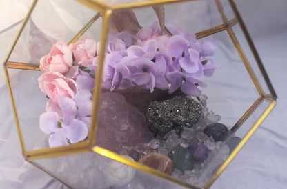 Crystal Geode Terrarium Rose Quartz and Pyrite - Luck in Love