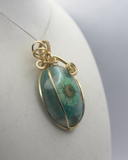 Gold Resin Amazonite Dried Flower Pendant Necklace