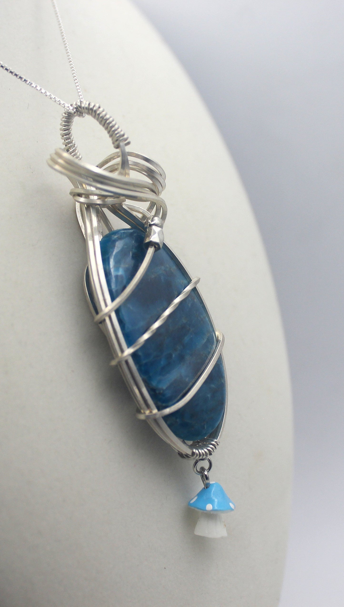Argentium Silver Blue Apatite Mushroom Pendant Necklace