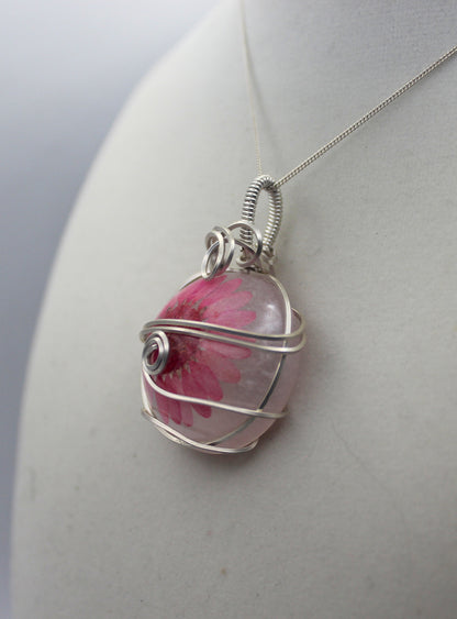 Argentium Silver Resin Dried Pink Flower Pendant Necklace