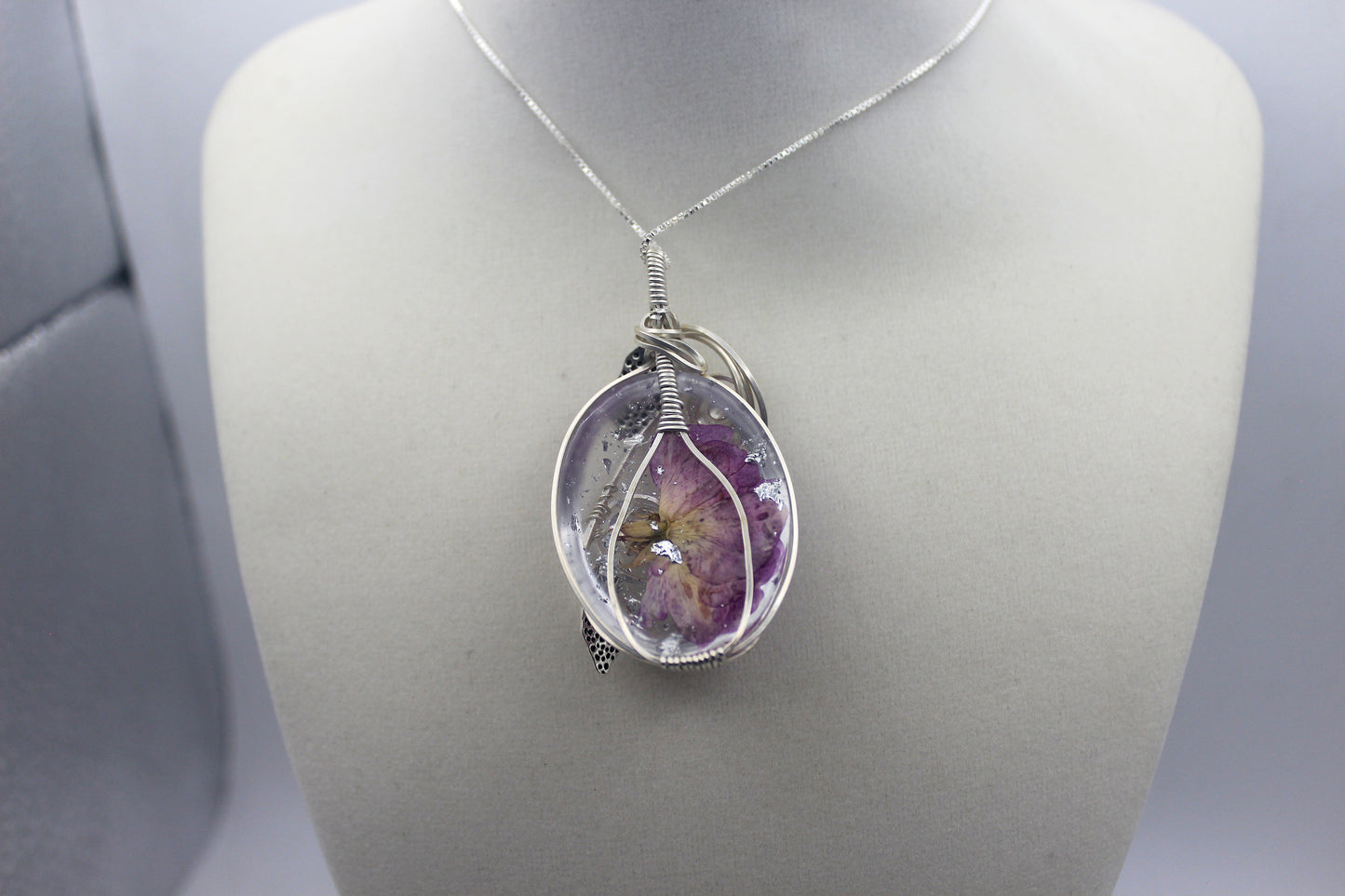 Argentium Silver Resin Purple Dried Flower Pendant Necklace