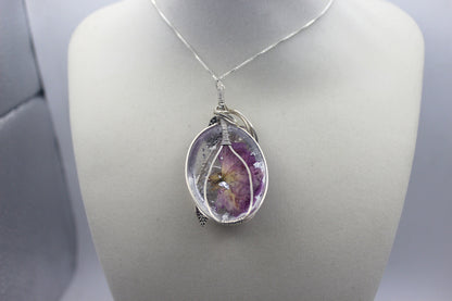 Argentium Silver Resin Purple Dried Flower Pendant Necklace
