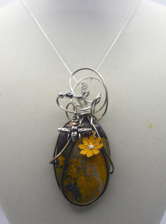 Sterling Silver Bumblebee Jasper Bee and Flower Pendant Necklace