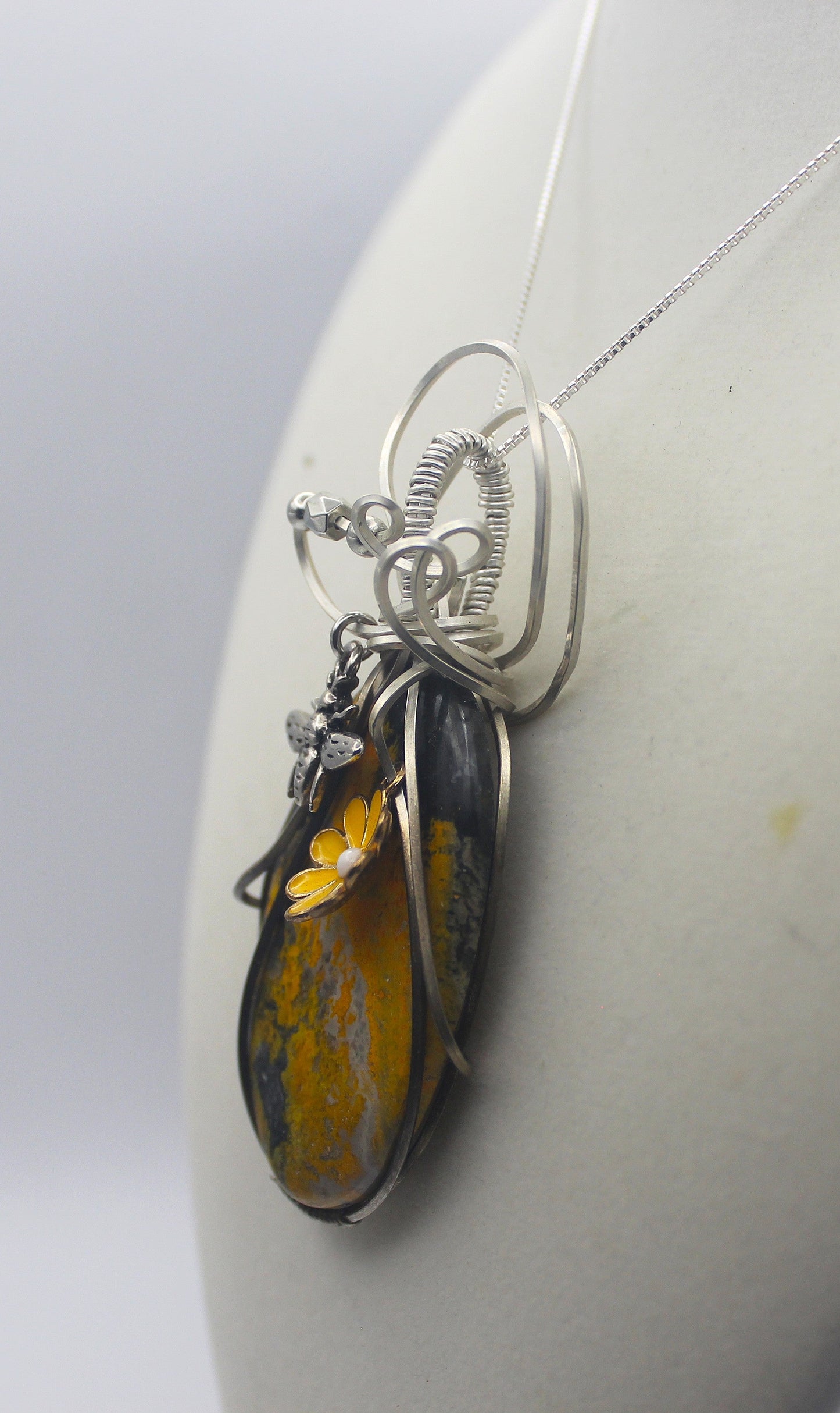 Sterling Silver Bumblebee Jasper Bee and Flower Pendant Necklace