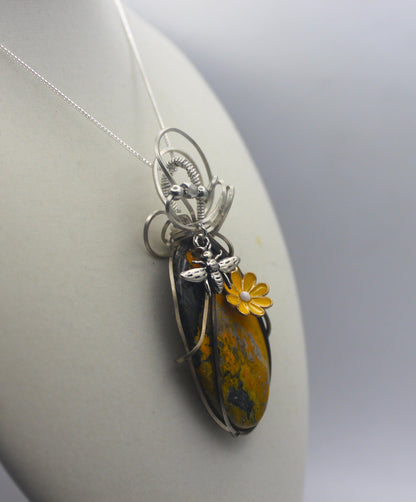 Sterling Silver Bumblebee Jasper Bee and Flower Pendant Necklace