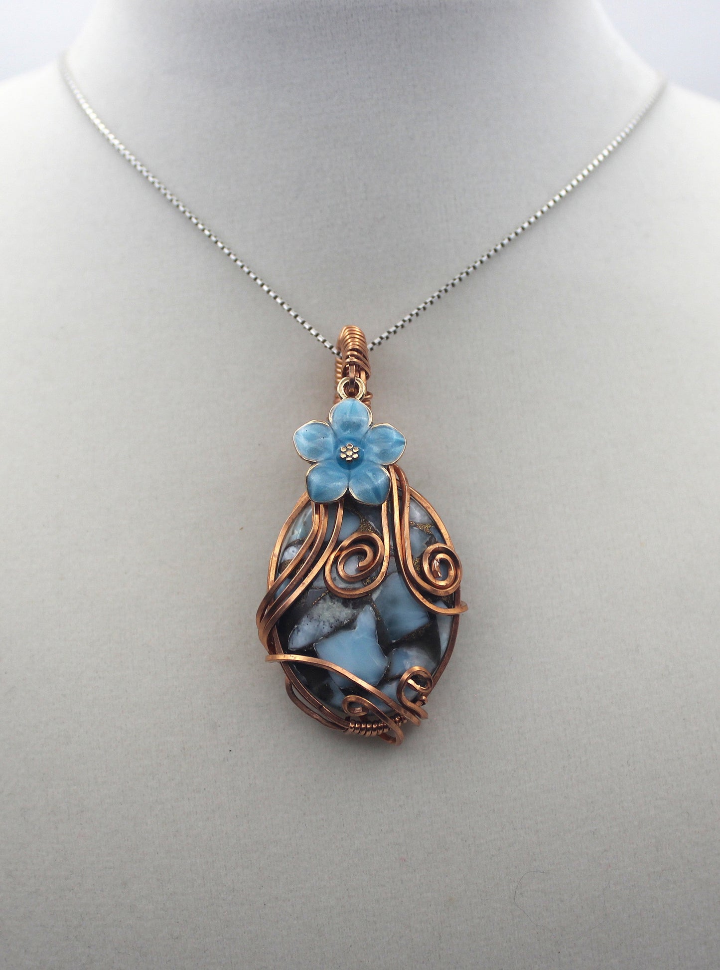 Raw Copper Larimar in Copper Composite Blue Flower Pendant Necklace