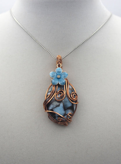 Raw Copper Larimar in Copper Composite Blue Flower Pendant Necklace