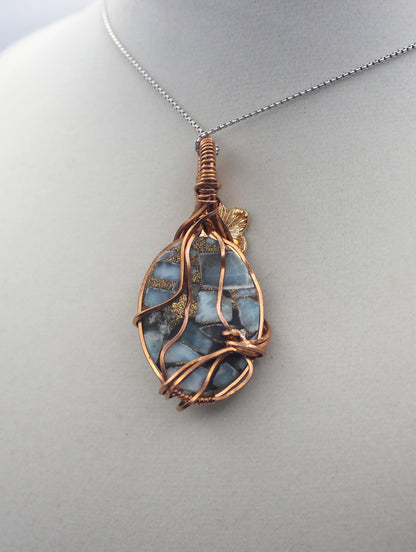 Raw Copper Larimar in Copper Composite Blue Flower Pendant Necklace