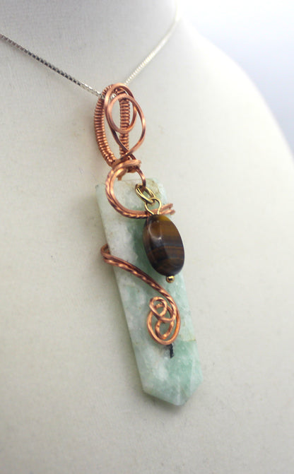 Raw Copper Drilled Amazonite Tiger's Eye Charm Pendant Necklace