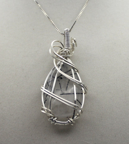 Argentium Silver Black Rutilated Quartz Teardrop Pendant Necklace