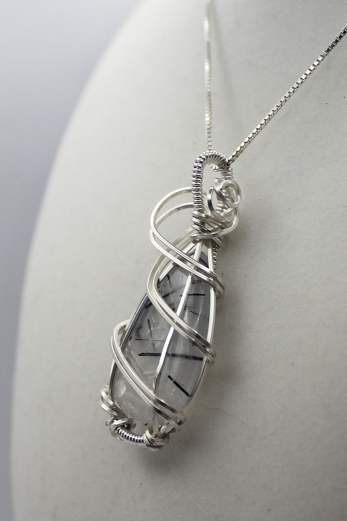 Argentium Silver Black Rutilated Quartz Teardrop Pendant Necklace