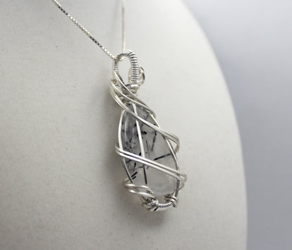 Argentium Silver Black Rutilated Quartz Teardrop Pendant Necklace
