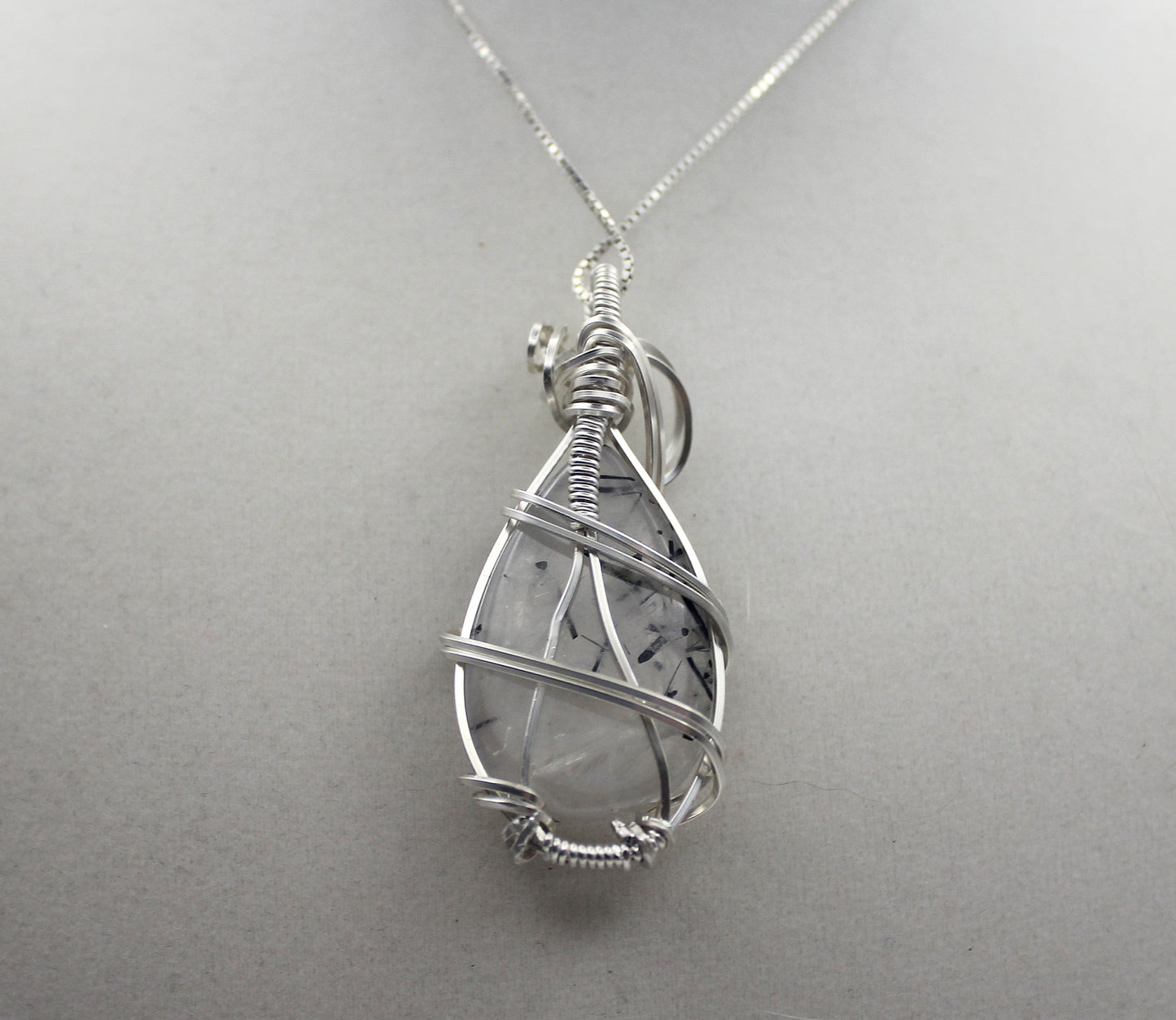 Argentium Silver Black Rutilated Quartz Teardrop Pendant Necklace