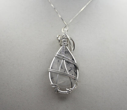 Argentium Silver Black Rutilated Quartz Teardrop Pendant Necklace