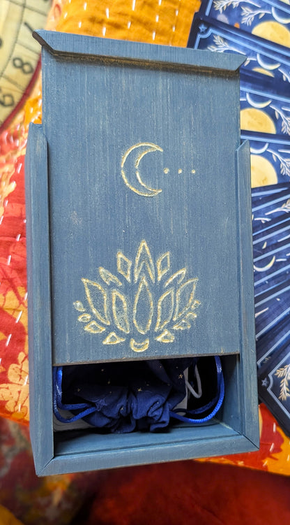 Tarot Raider Handcrafted Tarot & Oracle Card Box – Blue Finish (Small) Lotus and Moon