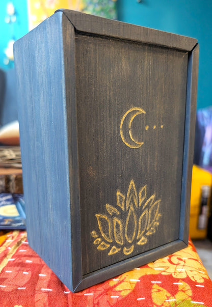 Tarot Raider Handcrafted Tarot & Oracle Card Box – Blue Finish (Small) Lotus and Moon