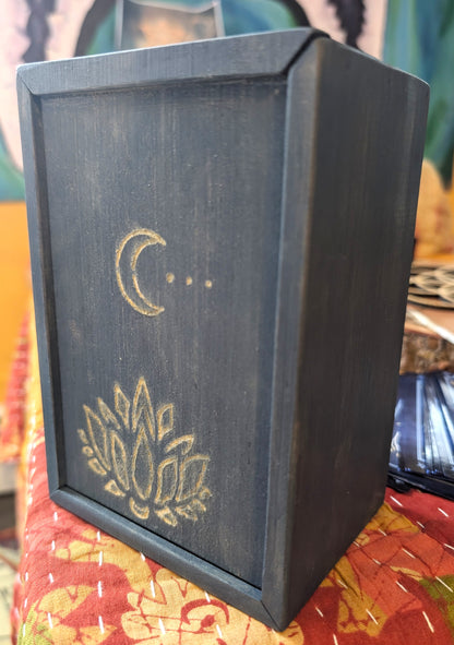 Tarot Raider Handcrafted Tarot & Oracle Card Box – Blue Finish (Small) Lotus and Moon