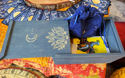 Tarot Raider Handcrafted Tarot & Oracle Card Box – Blue Finish (Small) Lotus and Moon