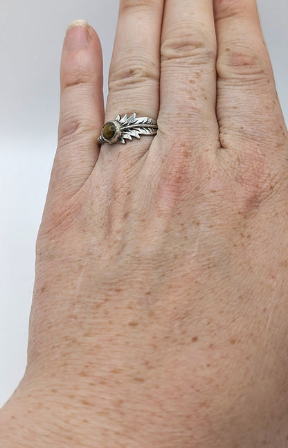 Ring Tiger's Eye Feather Silver Color Plated