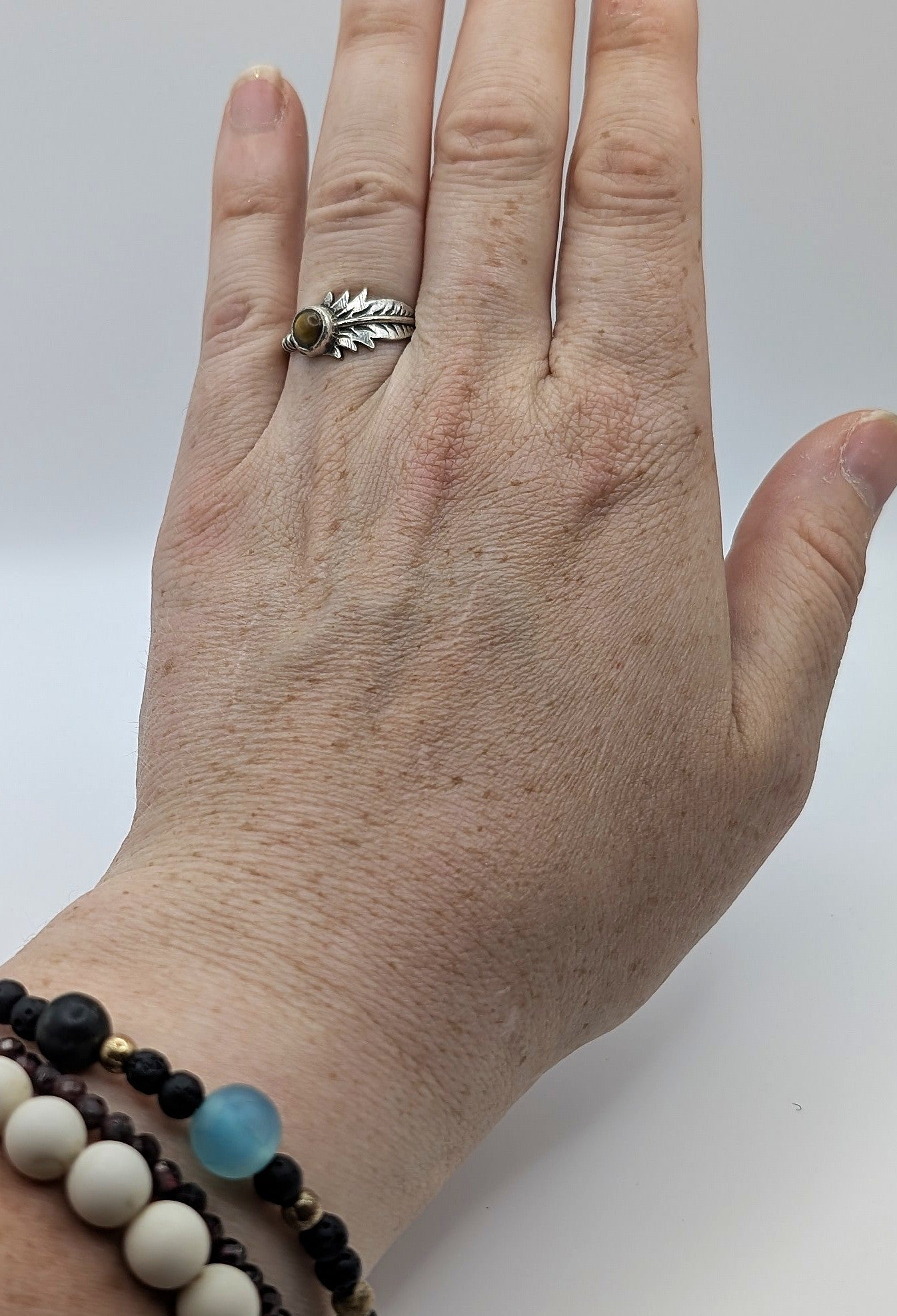Ring Tiger's Eye Feather Silver Color Plated