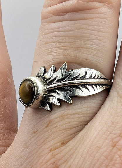 Ring Tiger's Eye Feather Silver Color Plated