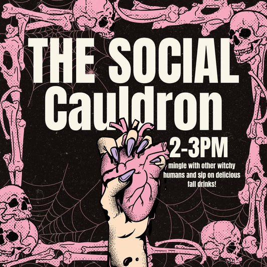 The Social Cauldron witchy mixer event poster with skeletal hands and fall-themed drinks details
