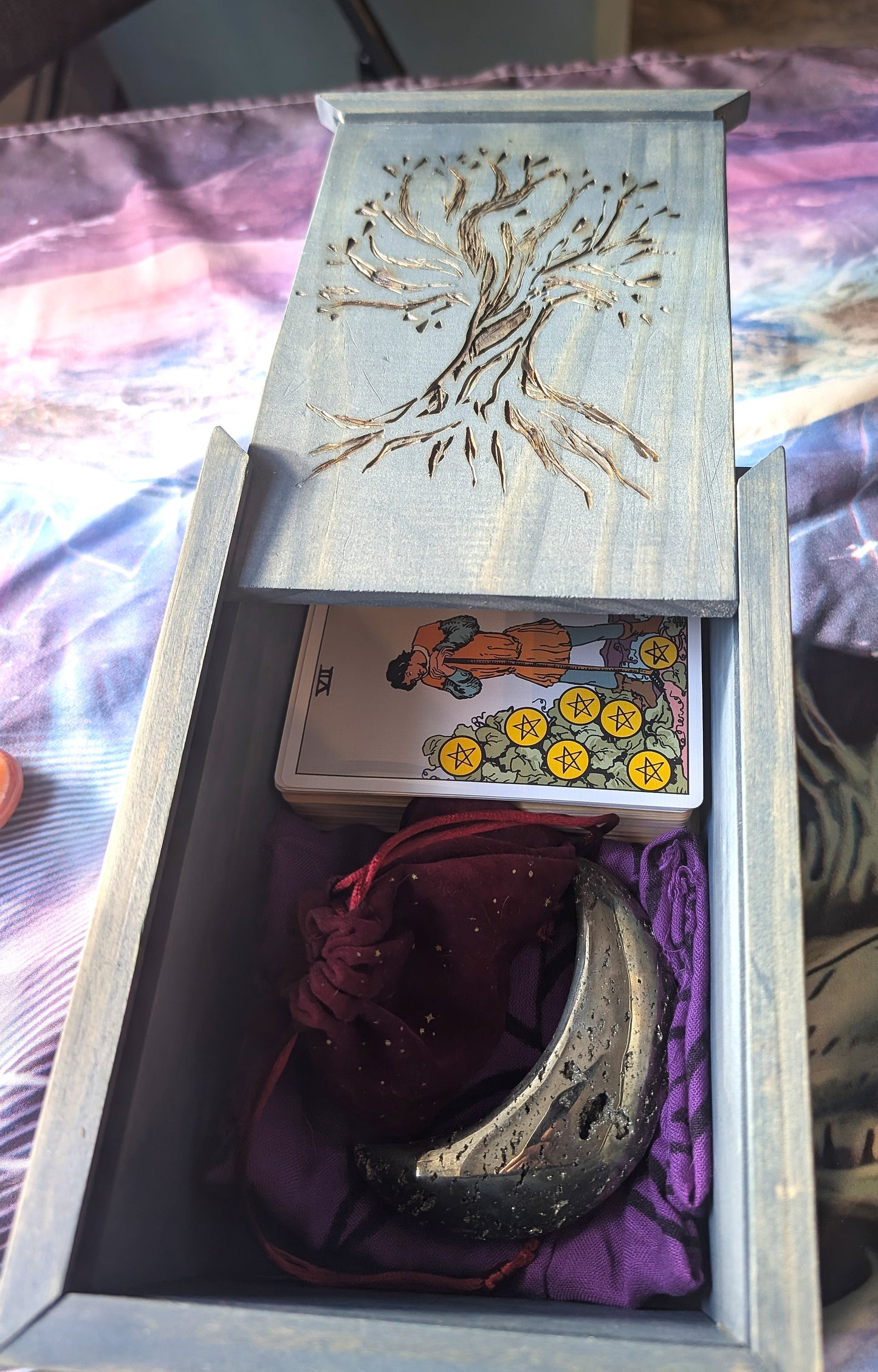 Tarot Raider Handcrafted Tarot & Oracle Card Box – Blue Finish (Large) Tree of Life