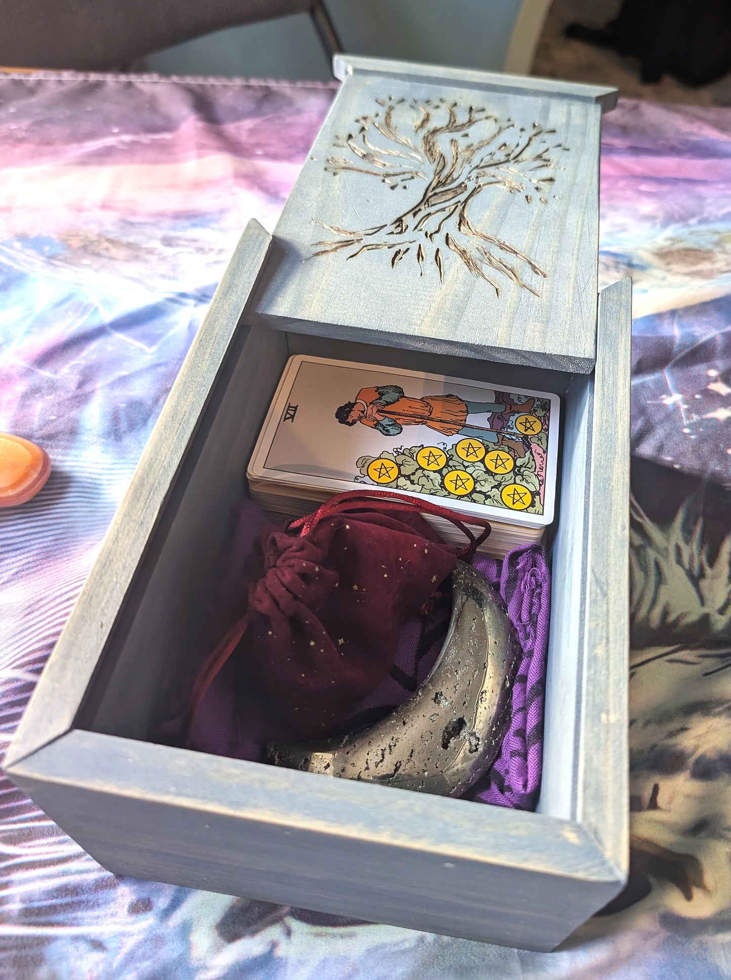 Tarot Raider Handcrafted Tarot & Oracle Card Box – Blue Finish (Large) Tree of Life