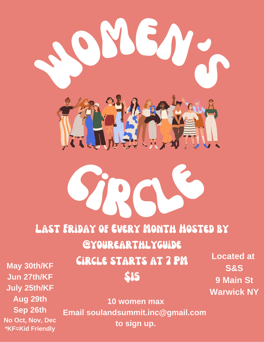 Illustration of diverse women standing together with text "Women's Circle, last Friday of every month, hosted by @yourearthlyguide, at Soul & Summit, 9 Main St Warwick NY" on a pastel pink background