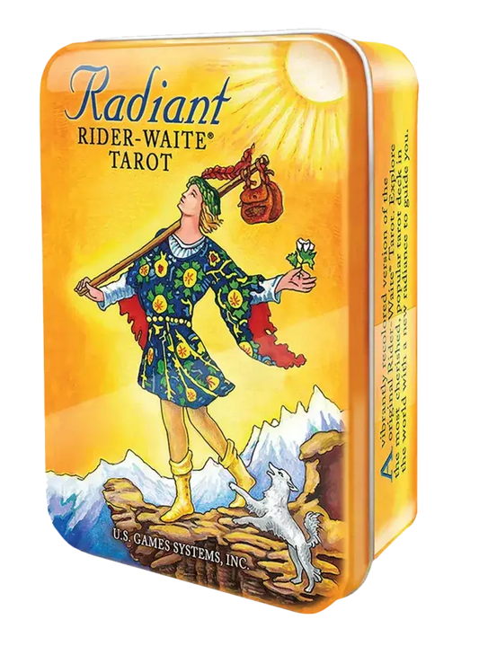Radiant Rider-Waite® tarot deck in a vibrant keepsake tin featuring updated Pamela Colman Smith artwork and starry card backs
