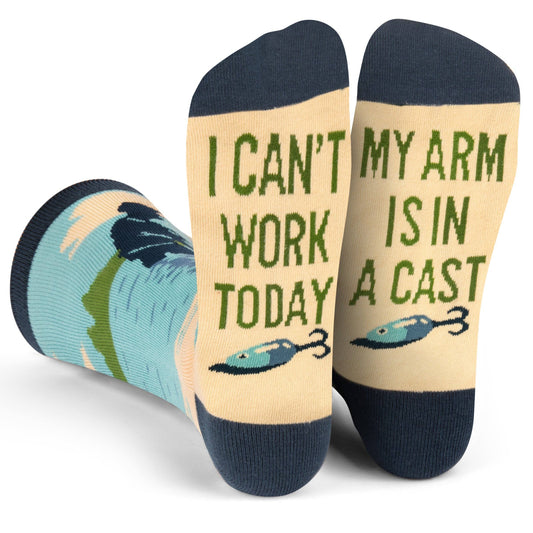 I Can't Work Today My Arm Is In A Cast fishing themed premium cotton crew socks with message on bottom