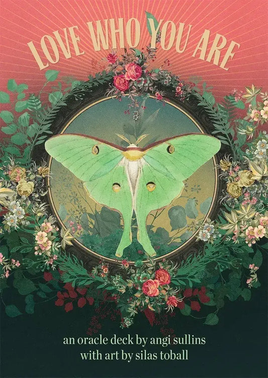 Love Who You Are oracle deck with green moth and floral wreath, inspirational self-love cards with gold edges in a magnetic box