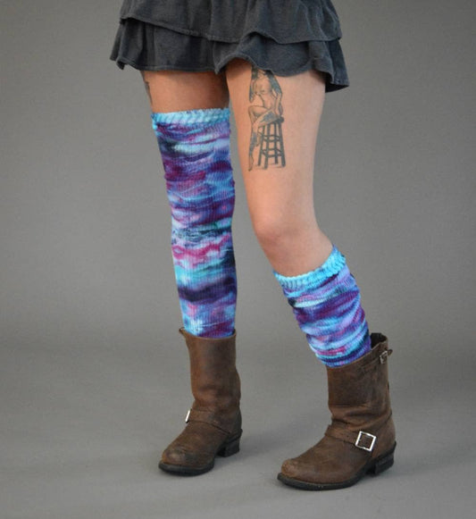Extra tall cotton tie dye thigh high socks in mermaid dreams colors worn with brown boots and black skirt