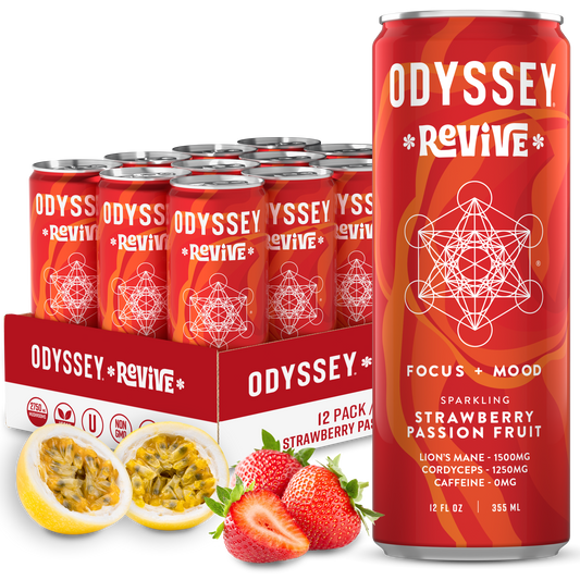 12-pack of Odyssey Revive Strawberry Passion Fruit sparkling mushroom hydration drinks with passion fruit and strawberries displayed