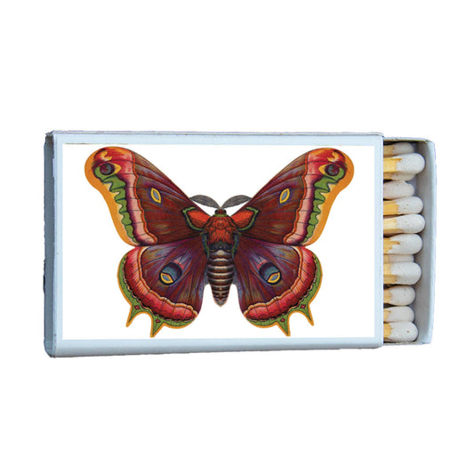 Decorative butterfly matchbox with red and green butterfly illustration and white-tipped matches inside
