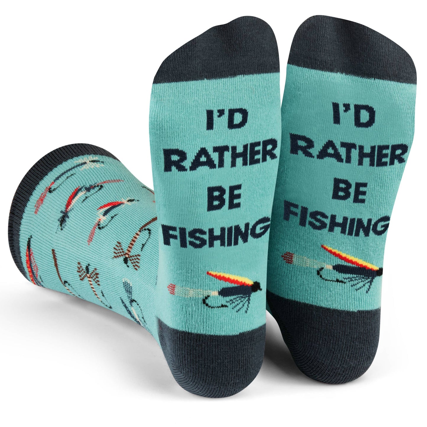 Pair of blue and black fly fishing socks with geometric fishing flies pattern and "I'd Rather Be Fishing" text on cuffs