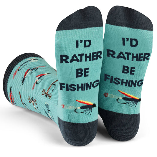 Pair of blue and black fly fishing socks with geometric fishing flies pattern and "I'd Rather Be Fishing" text on cuffs