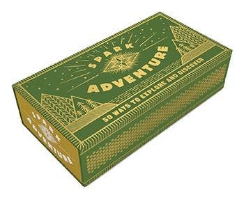 Green faux matchbox labeled Spark Adventure containing 50 printed adventure prompts for exploration and discovery