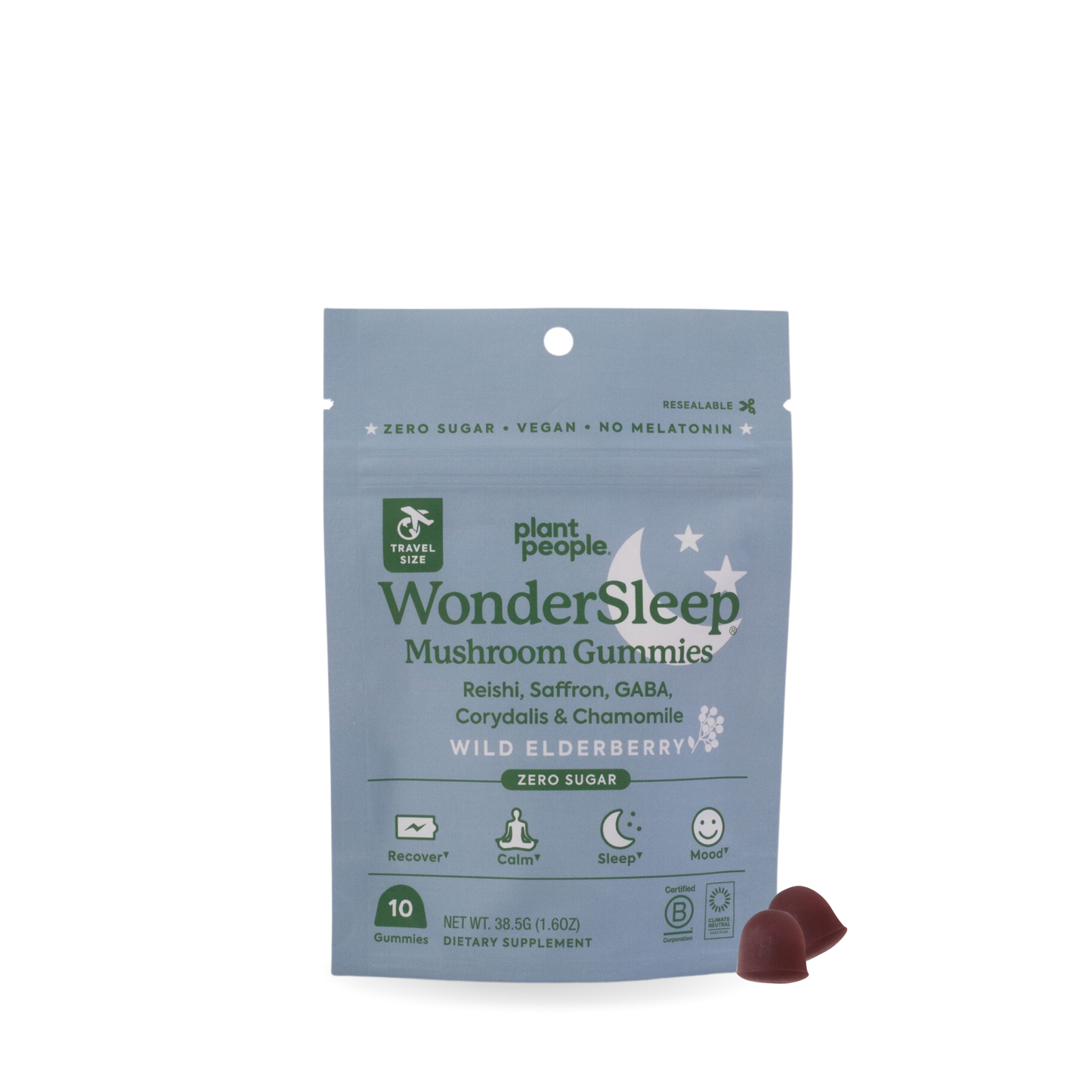 WonderSleep Mushroom Gummies zero sugar wild elderberry flavor vegan sleep support supplement pouch with two gummies next to it