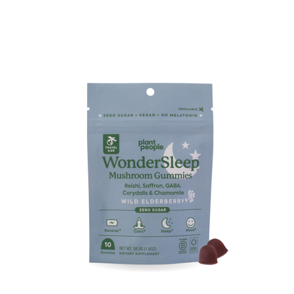 WonderSleep Mushroom Gummies zero sugar wild elderberry flavor vegan sleep support supplement pouch with two gummies next to it