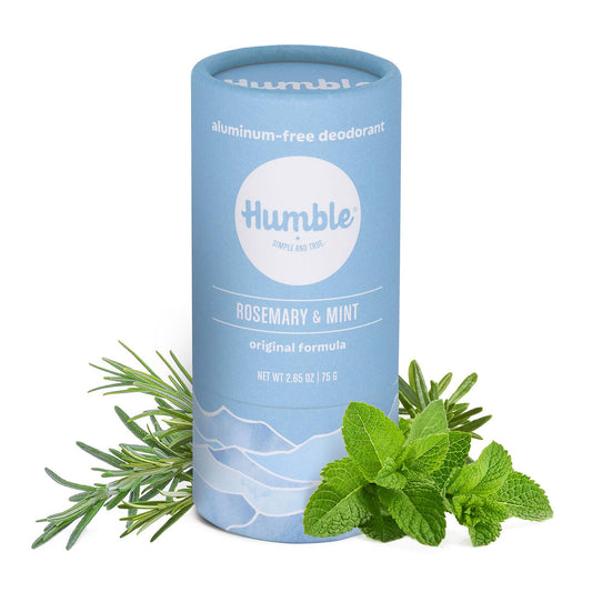 Rosemary & Mint Original plastic-free deodorant in blue packaging with fresh rosemary and mint leaves