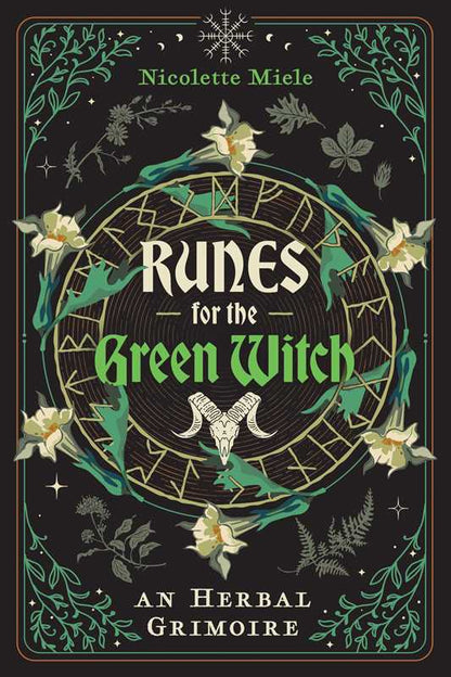 Runes for the Green Witch book cover with botanical and mystical designs promoting herbal rune magic and spellwork