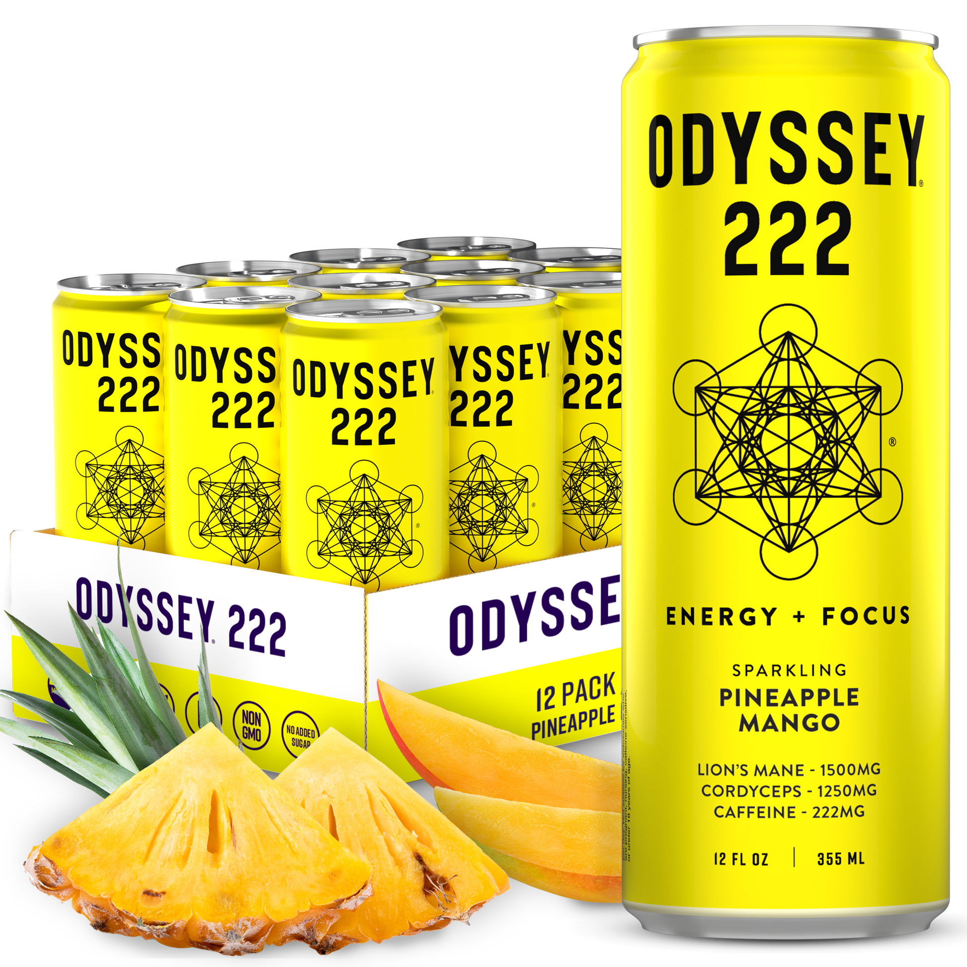 Pineapple Mango 222mg Sparkling Mushroom Energy drink can and 12-pack with pineapple and mango slices, highlighting energy and focus benefits with Lion’s Mane, Cordyceps, and caffeine.