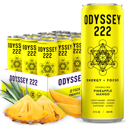 Pineapple Mango 222mg Sparkling Mushroom Energy drink can and 12-pack with pineapple and mango slices, highlighting energy and focus benefits with Lion’s Mane, Cordyceps, and caffeine.