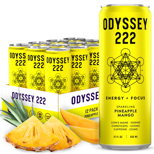 Pineapple Mango 222mg Sparkling Mushroom Energy drink can and 12-pack with pineapple and mango slices, highlighting energy and focus benefits with Lion’s Mane, Cordyceps, and caffeine.