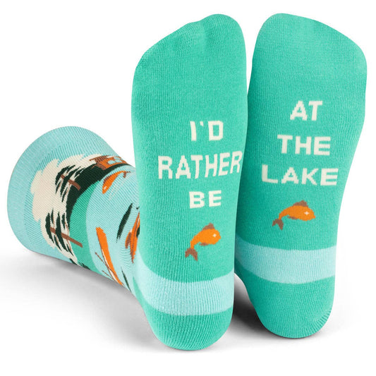 Turquoise lake socks with fish design and "I'd Rather Be At The Lake" message on soles