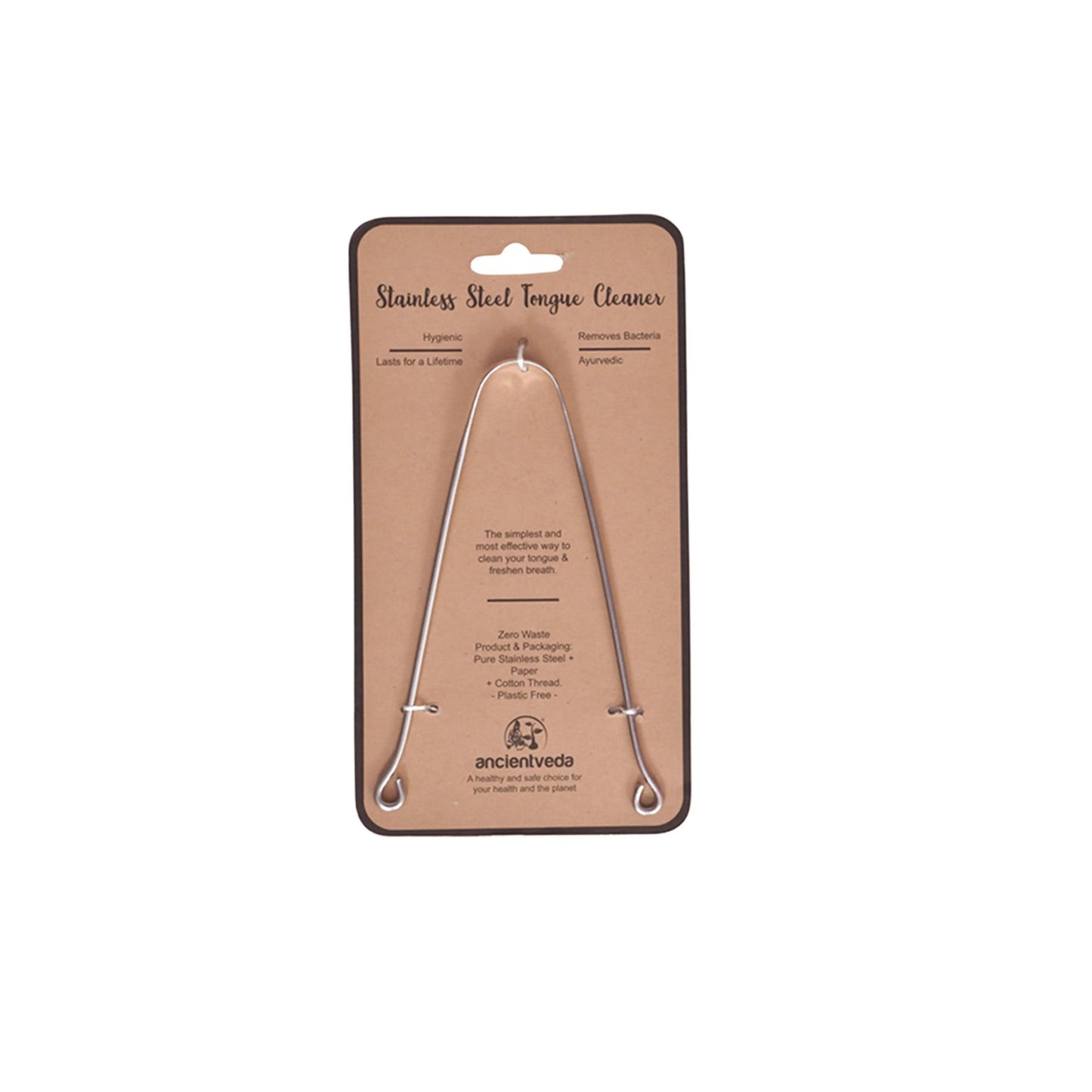 Stainless steel tongue cleaner packaged on eco-friendly cardboard, plastic-free and reusable oral hygiene tool